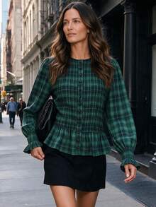 Women's Casual Plaid Shirt, Ruched Ruffle Top With Ruffle Cuffs, Suitable For Autumn/Winter Daily Wear And Dating - Green - View 1