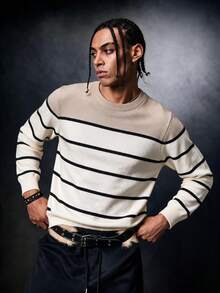 SU ER 1pc Men's Autumn/Winter Casual Striped Knit Top - Apricot - View 2