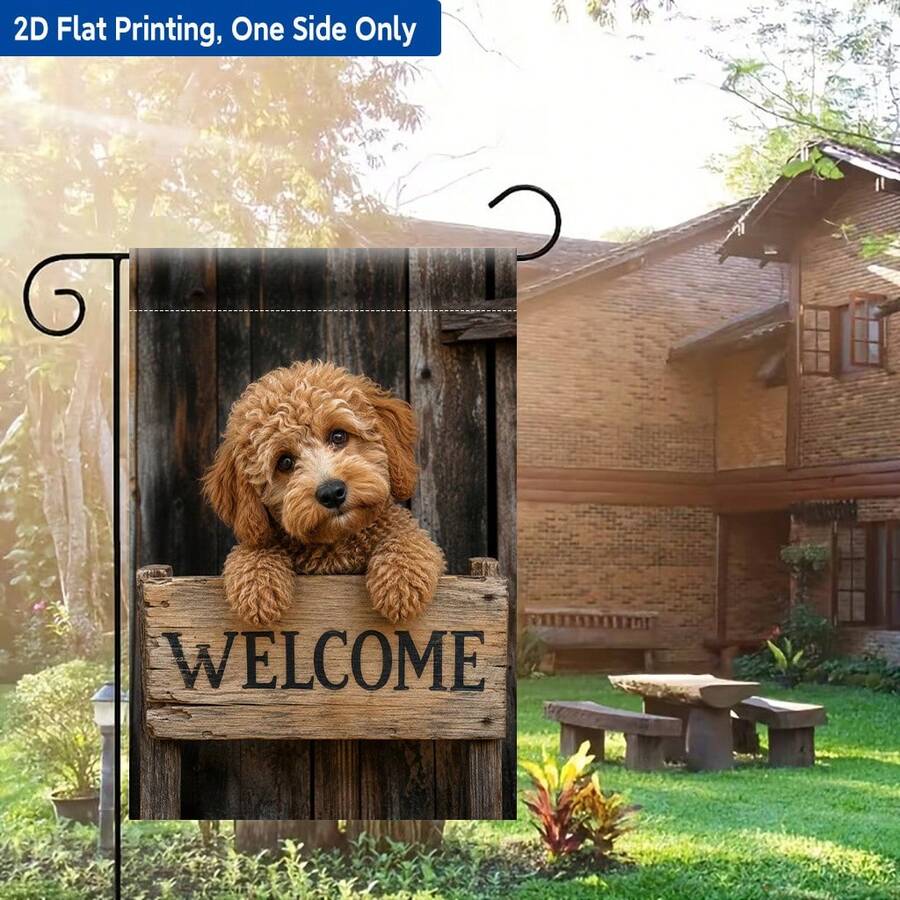 1pc 2D Flat Printed Garden Flag, 11.8*17.7 Inch Polyester Single-Sided Printed Yard Flag, Cute Teddy Puppy Wood Grain Welcome Hanging Flag, For Patio Porch Yard Decor, Outdoor Decoration, Adorable Pet Theme Home Decor, No Flag Pole