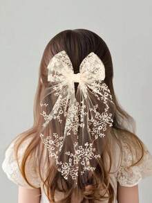 1pc Girls White Lace Embroidered Cute Elegant Long Tail Bow Veil Hair Clip Children Hair Accessory - Multicolor - View 3
