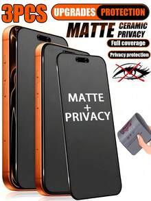 3片裝陶瓷磨砂防窺螢幕保護貼，相容 iPhone Ultra/18 Pro Max/18 Pro/18/17 Pro Max/17 Pro/17 Air/17/16 Pro Max/16 Pro/16 Plus/16/15 Pro Max/15/14/13/12 及其他機型，觸感滑順無延遲，磨砂質感操作絲滑，精準開孔設計易安裝且不干擾保護殼，強效隱私防窺，防水、防指紋、防汗，乾淨清爽，手機配件 - 黑色 - 查看 10