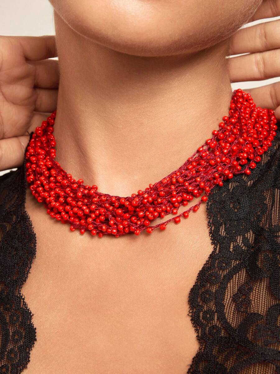 Altistry Handmade Beaded Necklace, Bohemian Style Multilayer Beaded Necklace, Popular In Europe And America - Red - View 1