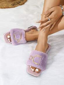 Women's Fashionable Luxury Metal Buckle Plush Flat Square Toe Slide Slippers, Versatile Outdoor Wear, Women's House Slippers - Lilac Purple - View 2