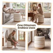 WAHSON OFFICE CHAIRS 1PC Cream Round Boucle Ottoman Upholstered Footstool With Wood Frame - Beige - View 7