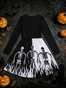 Tween Girls' Halloween Funny Skeleton Print Long Sleeve Dress - Black and White - View 3