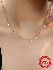 1pc Minimalist Elegant S925 Sterling Silver Water Drop Zirconia Pendant Necklace, Lightweight Clavicle Chain, Suitable For Commuting And Gifting - Gold - View 2