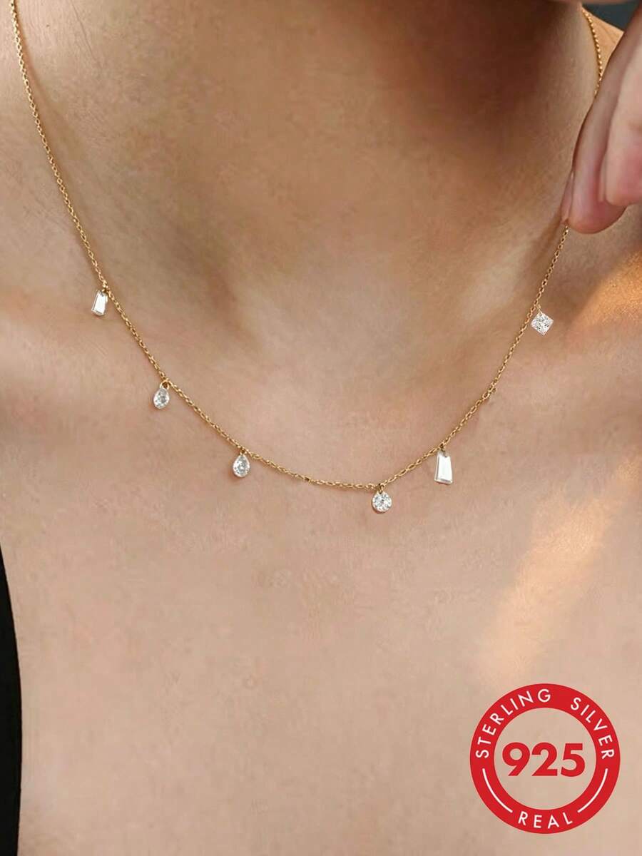 1pc Minimalist Elegant S925 Sterling Silver Water Drop Zirconia Pendant Necklace, Lightweight Clavicle Chain, Suitable For Commuting And Gifting