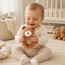 1pc Rabbit/Bear Plush Ring Rattle, Soft Cotton Handheld Rattle Toy With Satin Ruffle Edge And Ribbon Tag, Baby Tactile Sensory Toy, Portable Newborn Crib/Stroller Toy, 0-12 Months, Baby Shower Gift - Camel - View 9