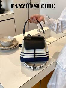 Handbag, Minimalist Striped Drawstring Bucket Backpack, Supports Hand-Carry And Shoulder-Carry, Flap + Drawstring Combination Design Balances Aesthetics And Practicality, Sleek And Compact Without Being Bulky, Fresh And Healing Color Palette Suitable For Spring And Summer Outfits, Versatile Casual Small Bag Perfect For School And Travel - Black - View 6