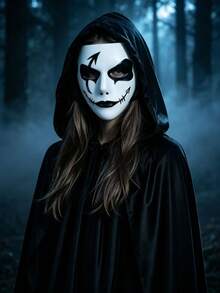3-Piece Halloween Costume Set For Adults, White Scary Ghost Face Mask With Black Eye Makeup And Stitched Mouth, Black Hooded Cloak Robe And Grim Reaper Scythe Prop Weapon, Gothic Dark Grim Reaper Ghost Horror Cosplay Outfit, Suitable For Halloween Party, Cosplay, Costume Party, Theme Party, Stage Performance, Photo Shoot, Haunted House, Role Play, Prop Gift - Multicolor - View 2