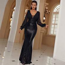 Black Sequin Maxi Dress Long Sleeve Elegant Evening Party Gown - Black - View 3