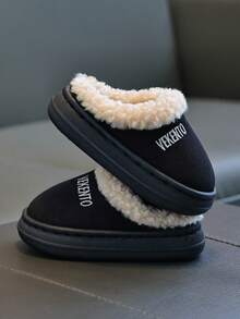 Children's Autumn/Winter Slippers, Minimalist Design, Boys' Indoor Warm Fuzzy, Girls' Thick Fluffy Slippers - Black - View 5