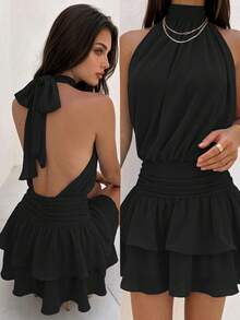 Elegant Fashionable Black Halter Neck Backless Layered Ruffle Mini Dress - Wedding Party Fall - Black - View 8