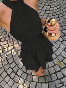 Elegant Fashionable Black Halter Neck Backless Layered Ruffle Mini Dress - Wedding Party Fall - Black - View 7