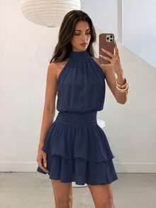 Elegant Fashion Halter Neck Backless Layered Ruffle Mini Dress Wedding Party Fall - Navy Blue - View 10