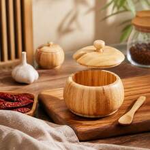 Natural Bamboo Sugar Bowl With Lid And Spoon 12x9.5cm, Round Salt And Spice Storage Container, Kitchen Organizer With Spoon Slot - Yellow - View 2