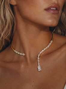 outingfit 1pc New Rotating Collar Necklace, Minimalist Elegant Rhinestone Choker Collarbone Chain Accessory - Gold - View 1