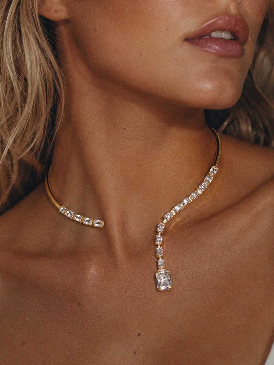 outingfit 1pc New Rotating Collar Necklace, Minimalist Elegant Rhinestone Choker Collarbone Chain Accessory - Gold - View 1