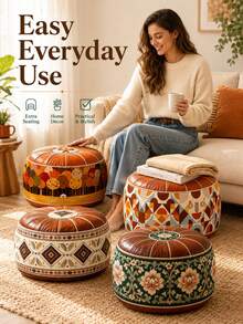 1pc Vintage Floral Storage Ottoman Footstool, Round Leather Decorative Footstool, Soft Padded Top, Decorative Extra Seating For Living Room, Bedroom, Dressing Room, Entryway And Small Spaces - View 4
