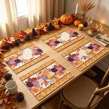 1/4/6pcs Autumn Series Vintage Floral Maple Leaf Border Pattern Printed Placemats, Heat-Resistant Table Mats For Home Kitchen, Table Protection, Kitchen Dining Table, Party Decor - Multicolor - View 4