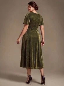 EVERPRETTY Robe midi pour invitée de mariage d'automne pour femmes avec fil métallique scintillant, manches volantées, taille A-line, robes pour la mère de la mariée - Doré - Voir 4