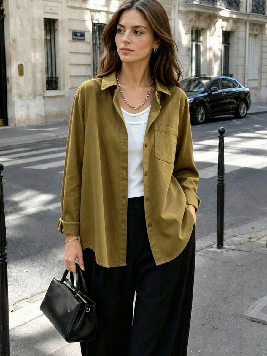 Women's Autumn Solid Color Pocket Front Button-Down Casual Shirt - Pickle Green - View 1