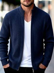 Men's Navy Blue Zip-Up Stand Collar Knit Cardigan, Textured Ribbed Design, Minimalist Old Money Style, Casual Commuter Sweater For Autumn/Winter - Navy Blue - View 1