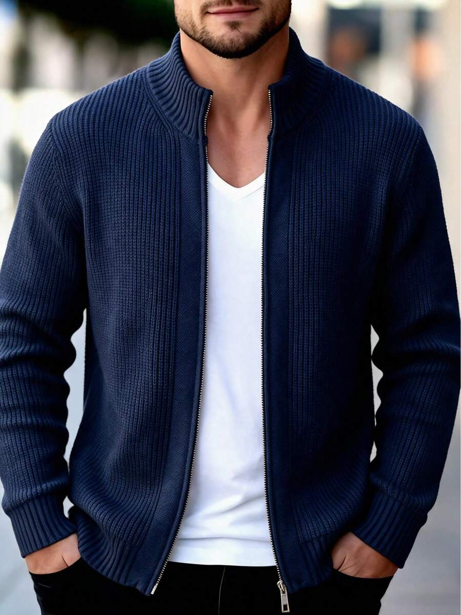 Men's Navy Blue Zip-Up Stand Collar Knit Cardigan, Textured Ribbed Design, Minimalist Old Money Style, Casual Commuter Sweater For Autumn/Winter - Navy Blue - View 1