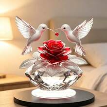 1pc Romantic Hummingbird & Rose Acrylic Desktop Ornament, 2D Flat Crystal Base Design, Atmospheric Home Living Room Bedroom Decor - A - View 9