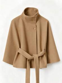 Women's Autumn/Winter Fashion Elegant Solid Color Cape Coat With Stand Collar And Waist Belt, Wool Blend Fall - Khaki - View 5