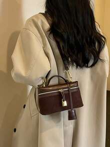 Women's Square Handbag, Phone & Lipstick Pouch, Fashionable Vintage Elegant Autumn/Winter PU Patchwork Coffee Color, Crossbody Shoulder Bag - Coffee - View 8