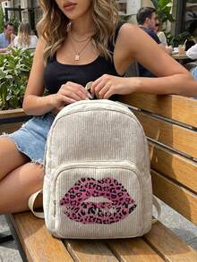 1件女款迷你燈芯絨後背包，女孩趣味印花書包，旅行收納包，大容量可折疊輕量後背包，附多層口袋與拉鍊開合 - 嘴唇 - 查看 7