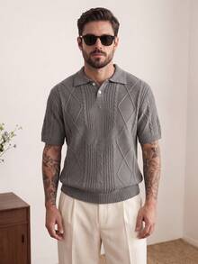 Men's Unisex Polo Collar Knit Top, Casual Business Commute Loose Fit Short Sleeve Pullover T-Shirt, Spring/Summer - Dark Grey - View 1