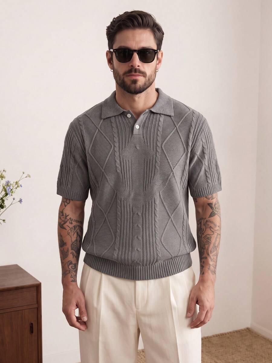 Men's Unisex Polo Collar Knit Top, Casual Business Commute Loose Fit Short Sleeve Pullover T-Shirt, Spring/Summer - Dark Grey - View 1