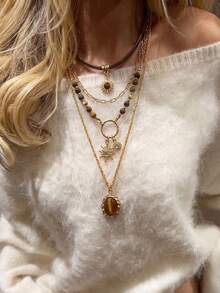 4pcs Luxury Fashion Maillard Color Geometric Oval Sun Tiger Eye Stone Multi-Layer Women's Necklace, Best Autumn/Winter Accessory Necklace, Great Gift (Pendant Texture Random) - Gold - View 6
