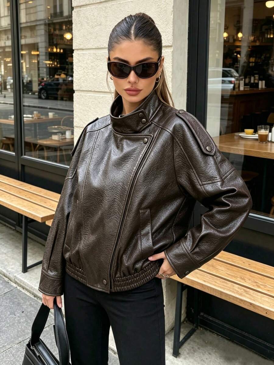 DEEKA Spring/Autumn New Women's Loose Oversized European & American Style Fashion Minimalist Versatile Faux Leather Jacket Fall - Rust Brown - View 1