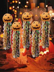 Halloween Tassel Paper Lantern, Orange Pumpkin Face Design, With Tassels, Foldable For Easy Storage. Can Be Hung From Ceiling, Used For Indoor Home, Halloween Party Decoration, Strong Atmosphere, Common Hanging Decoration For Halloween Themed Parties. - Multicolor - View 4