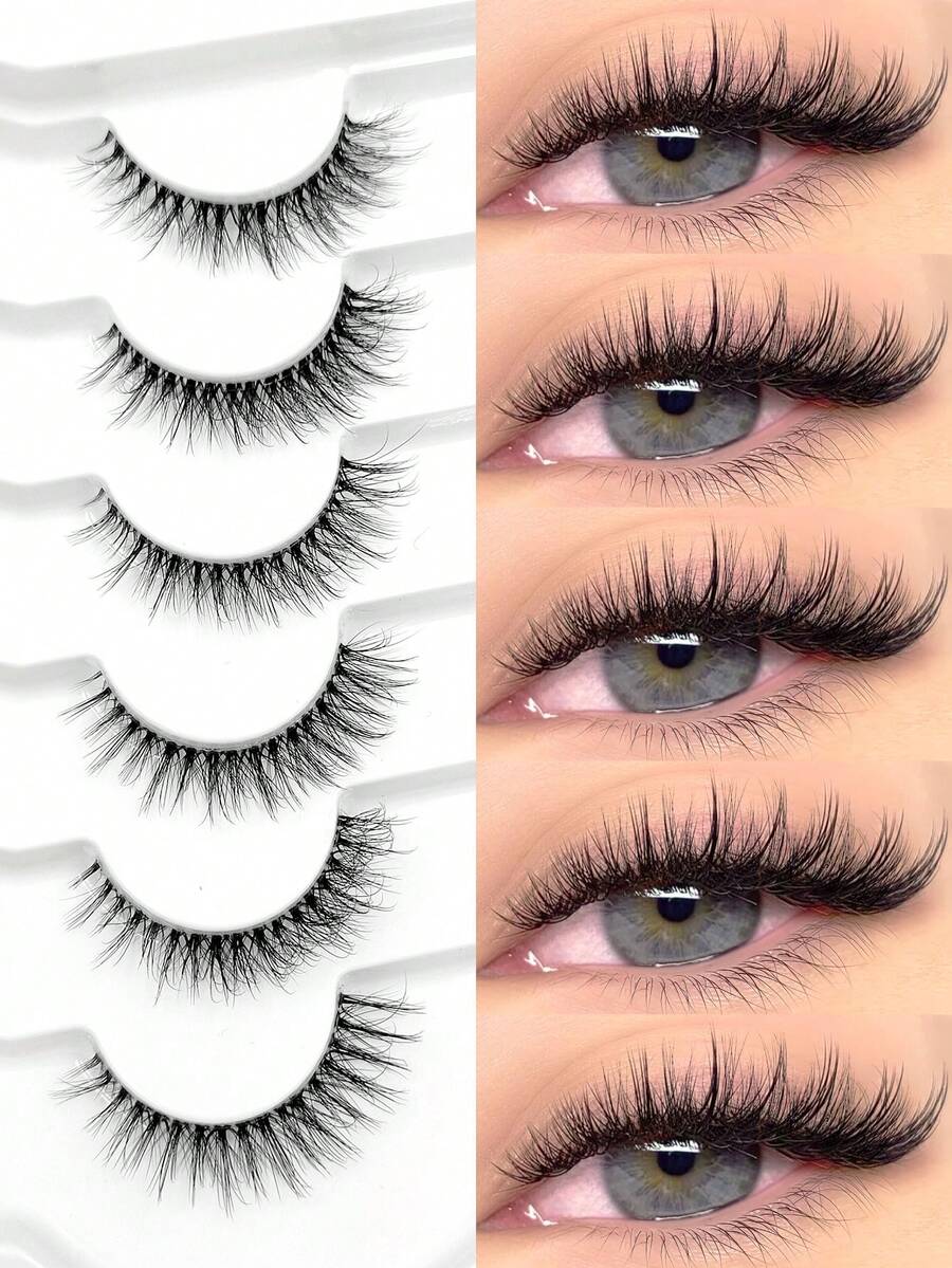Asiteo 6 Pairs Cat Eye Transparent Stem False Eyelashes, Slim Faux Mink Natural Style, Fluffy Short Lash Extensions, Suitable For Daily Or Commuter Makeup, Beginner Friendly - Black - View 1