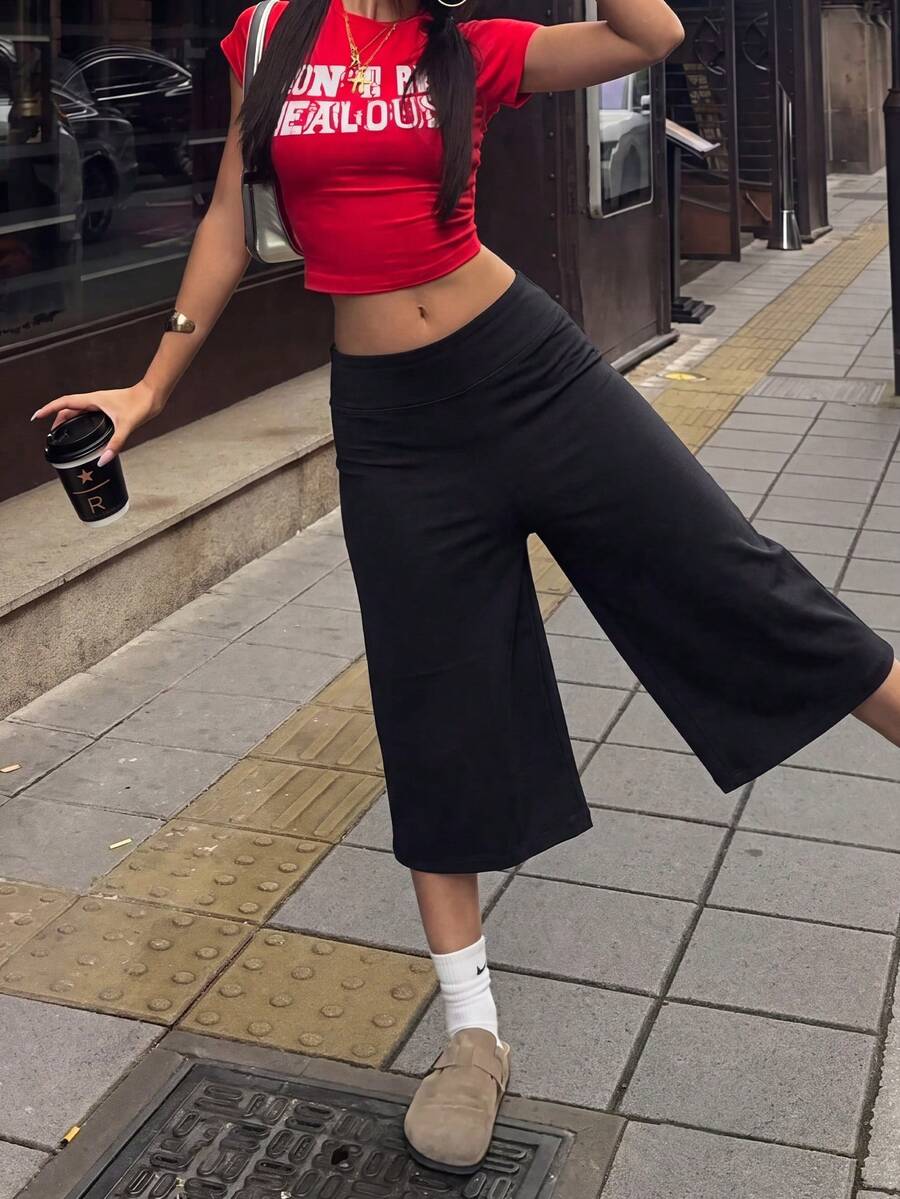 Women's Black High-Waist Tummy Control Wide Leg Capri Pants, Compression Shaping, Butt Lifting Design, Suitable For Yoga And Pilates - Black - View 1