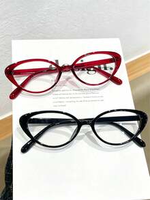 1 Pasang/ 2 Pasang Kacamata Wanita Motif Leopard Cat Eye Bingkai PC Warna Solid Bingkai Penuh Rivet Kustomisasi Fashion Flat Glasses - Clear - View 9