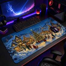 1pc Christmas Snowy Village And Tree Print XL Gaming Mouse Pad, Vintage Winter Night Keyboard Desk Mat, Holiday Desk Decor Gift - View 1