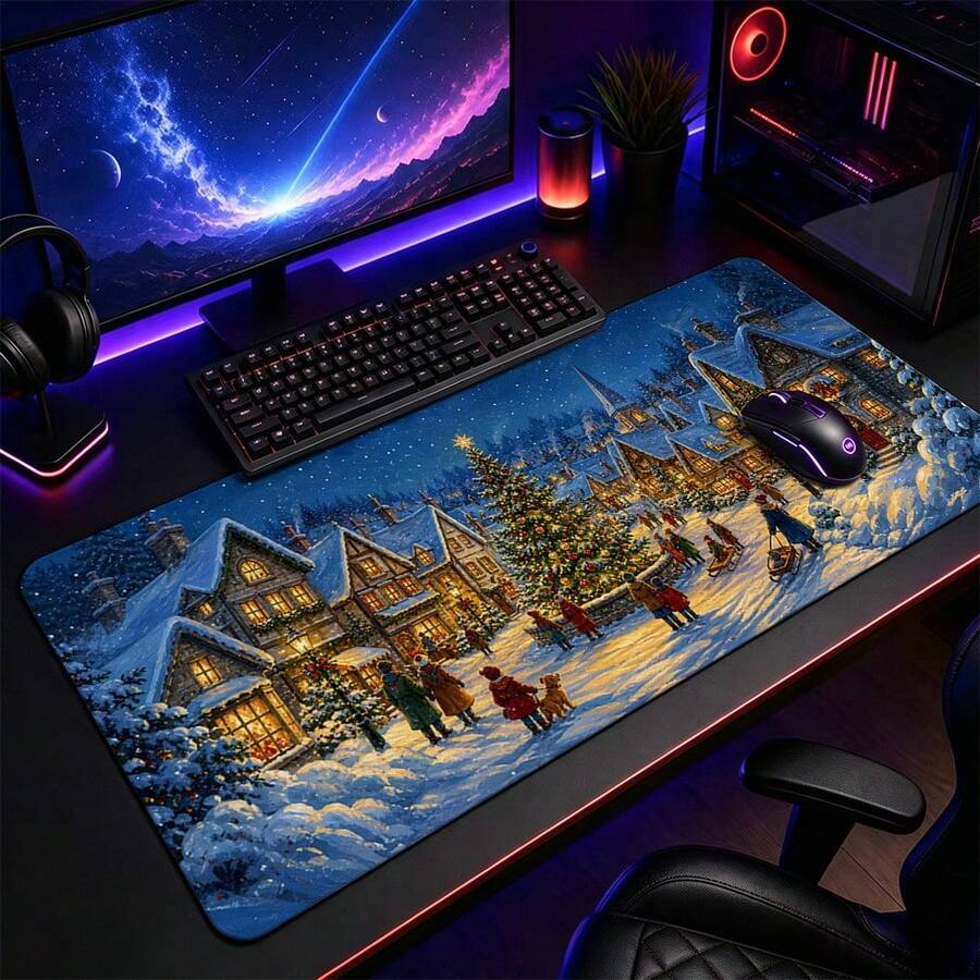 1pc Christmas Snowy Village And Tree Print XL Gaming Mouse Pad, Vintage Winter Night Keyboard Desk Mat, Holiday Desk Decor Gift - View 1