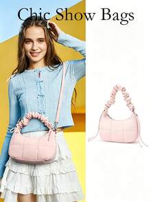Women's Hobo Shoulder Bag,Crescent Shape Grid Quilted Pattern,Nylon Fabric Ruched Handle Detachable Strap,Lightweight Cute Casual For Daily Dating - Pink - View 1