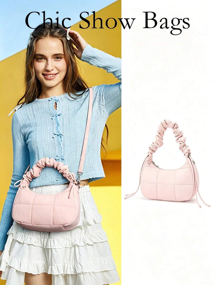 Women's Hobo Shoulder Bag,Crescent Shape Grid Quilted Pattern,Nylon Fabric Ruched Handle Detachable Strap,Lightweight Cute Casual For Daily Dating - Pink - View 1