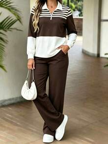 Women's Spring/Autumn New Fashion Colorblock Pullover Long Sleeve Top + High Waist Casual Versatile Straight Leg Pants 2-Piece Set - Dark Brown - View 2