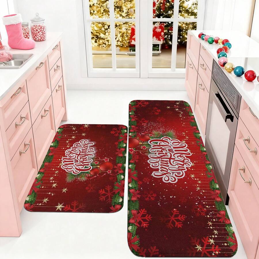 1/2/3pcs Christmas Theme Kitchen Rug, Flannel Kitchen Rug Comfortable Soft Absorbent Non-Slip Machine Washable With Non-Slip Backing Multi-Functional Home Floor Mat Suitable For Entrance Living Room Bedroom Kitchen Dining Room Bathroom Laundry Room Patio Hallway Christmas Holiday Decoration Home Decor - Multicolor - View 1