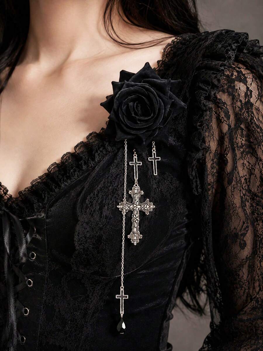 1pc Dark Gothic Baroque Rose Cross Tassel Brooch For Women, Vintage Court Style Accessory For Halloween Party, Ball, Nightclub - Black - View 1