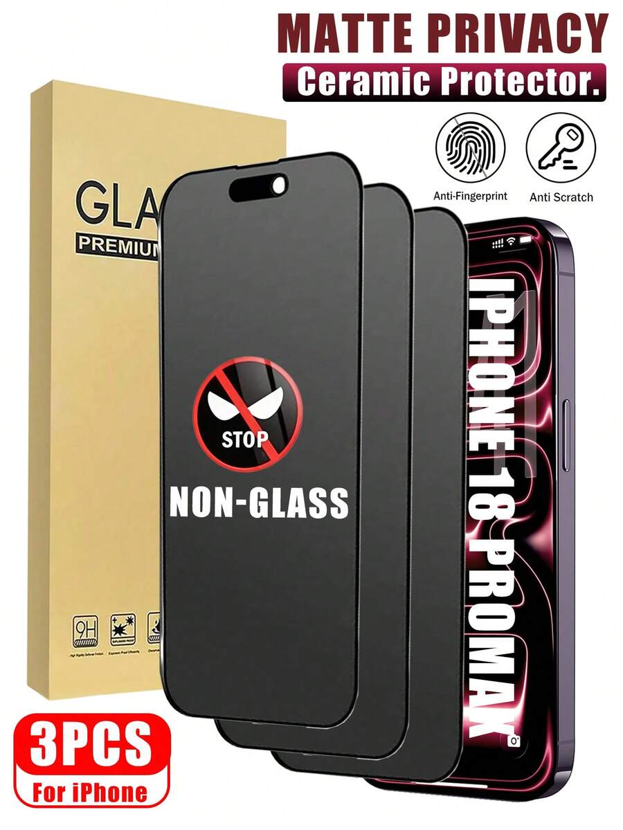 3pcs Matte Privacy Screen Protector, Compatible With IPhone 17 Pro Max 6.9 Inch, Non-Glass Material, Full Coverage Anti-Peeping Anti-Glare Ceramic Film, Anti-Fingerprint, Compatible With Phone Case, Compatible With IPhone 18 Pro Max/18 Pro/17 Pro Max/17 Air/16 Pro Max/16 Pro/16 Plus/16/15 Pro Max/14 Pro Max/13 Mini/12/11/XS Max/XR/8+/7 Plus - Black - View 1
