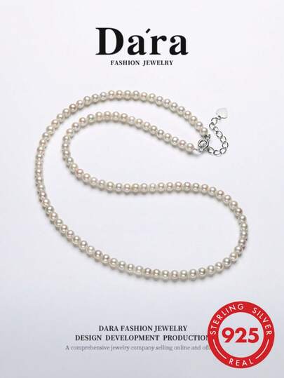 DARA Freshwater White Pearl Necklace S925 Sterling Silver 3-4mm Near Round High Luster Daily Commute Women's Necklace