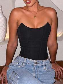 Women's Vintage Strapless Mesh Semi-Sheer Corset Bustier Tank Top With Lace-Up Back, Sexy Body Shaping Top Suitable For Outings, Music Festivals, Valentine's Day, Halloween - Black - View 9